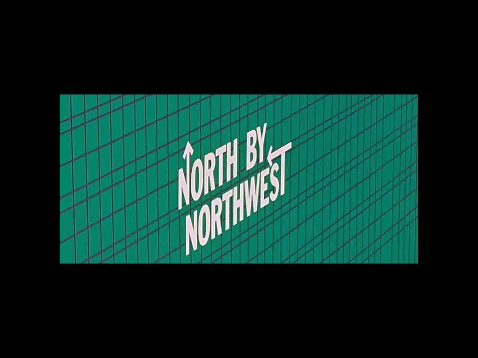 绿色背景上，多组斜向线组成几何网格；白色 NORTH BY NORTHWEST 片名与方向箭头叠在网格上。