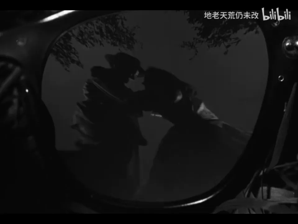 一枚圆形眼镜镜片占据画面中央；镜片内可见 Bruno 的帽檐、双臂与 Miriam 变形的身体轮廓，镜架边缘留在前景。